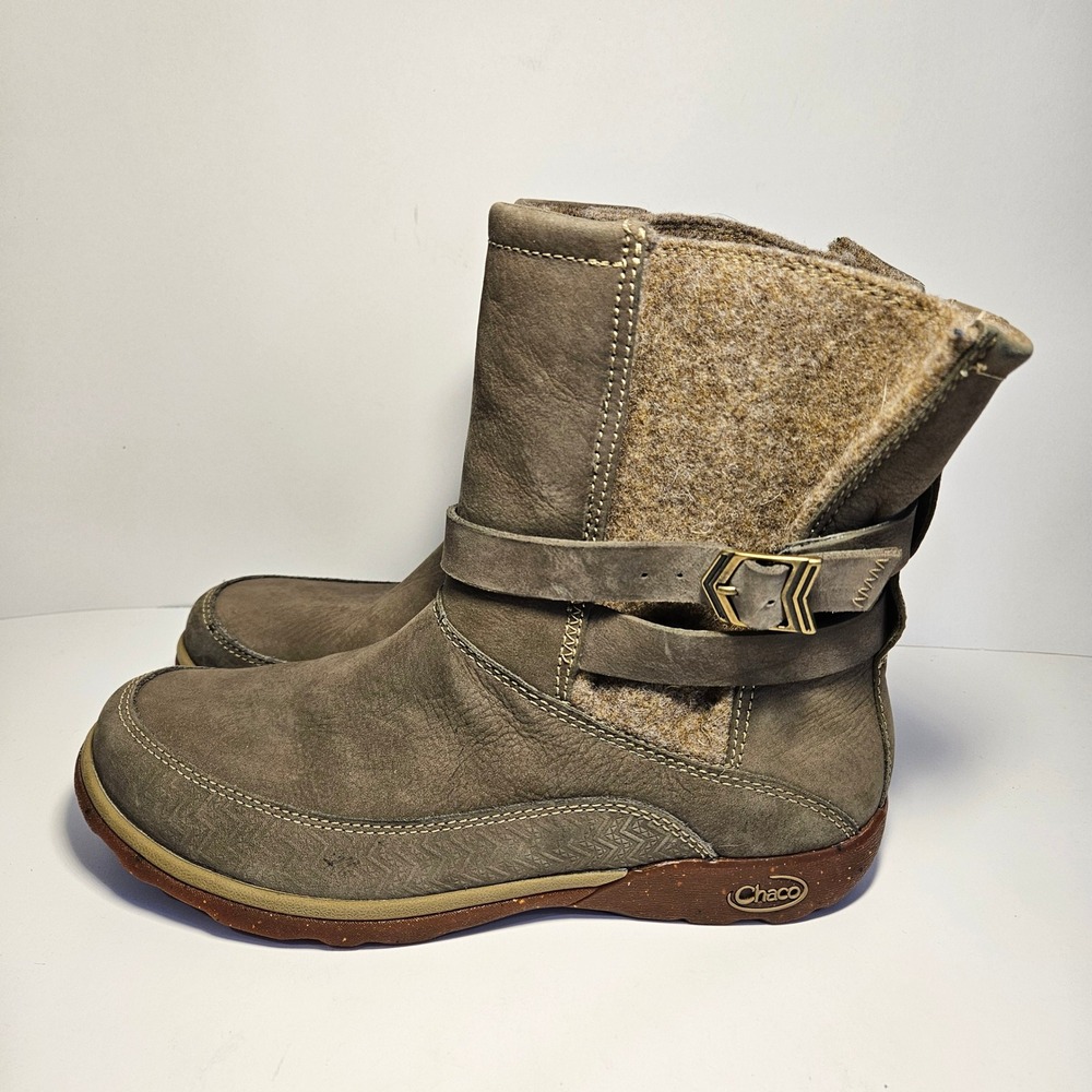 Chaco Hopi Sandstone Womens 8 Leather Wool Mid Calf Buckle Boots Taupe